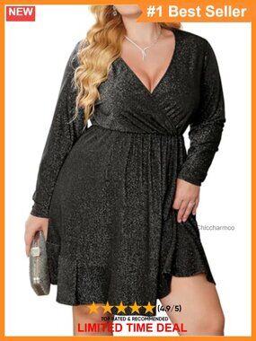 Plus Size Glitter V Neck Long Sleeve Ruffle Hem Swing Party Dress